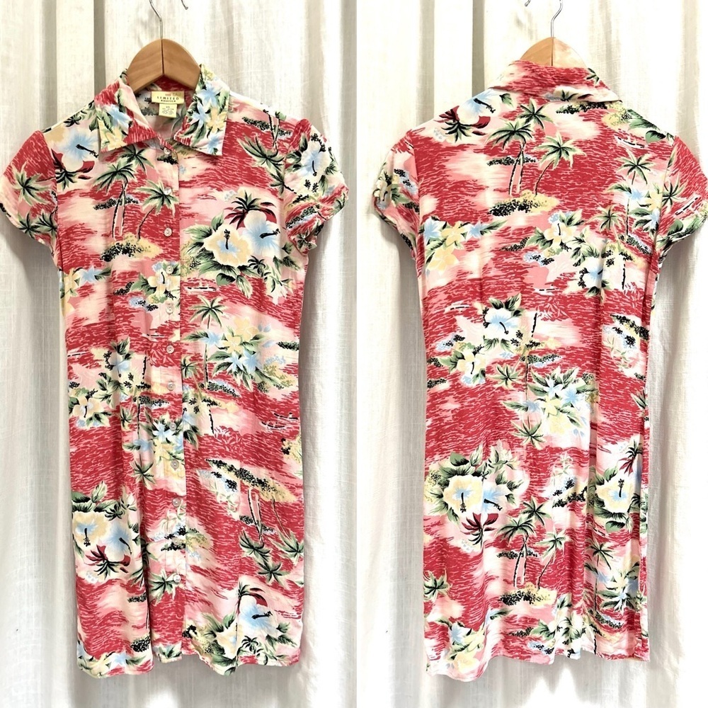 Vintage Limited Red Hawaiian Palm Print short sleeve mini shirt dress XS